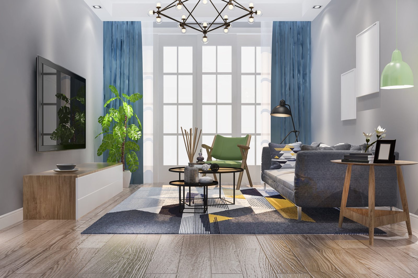 3d rendering vintage colorful living room with retro style